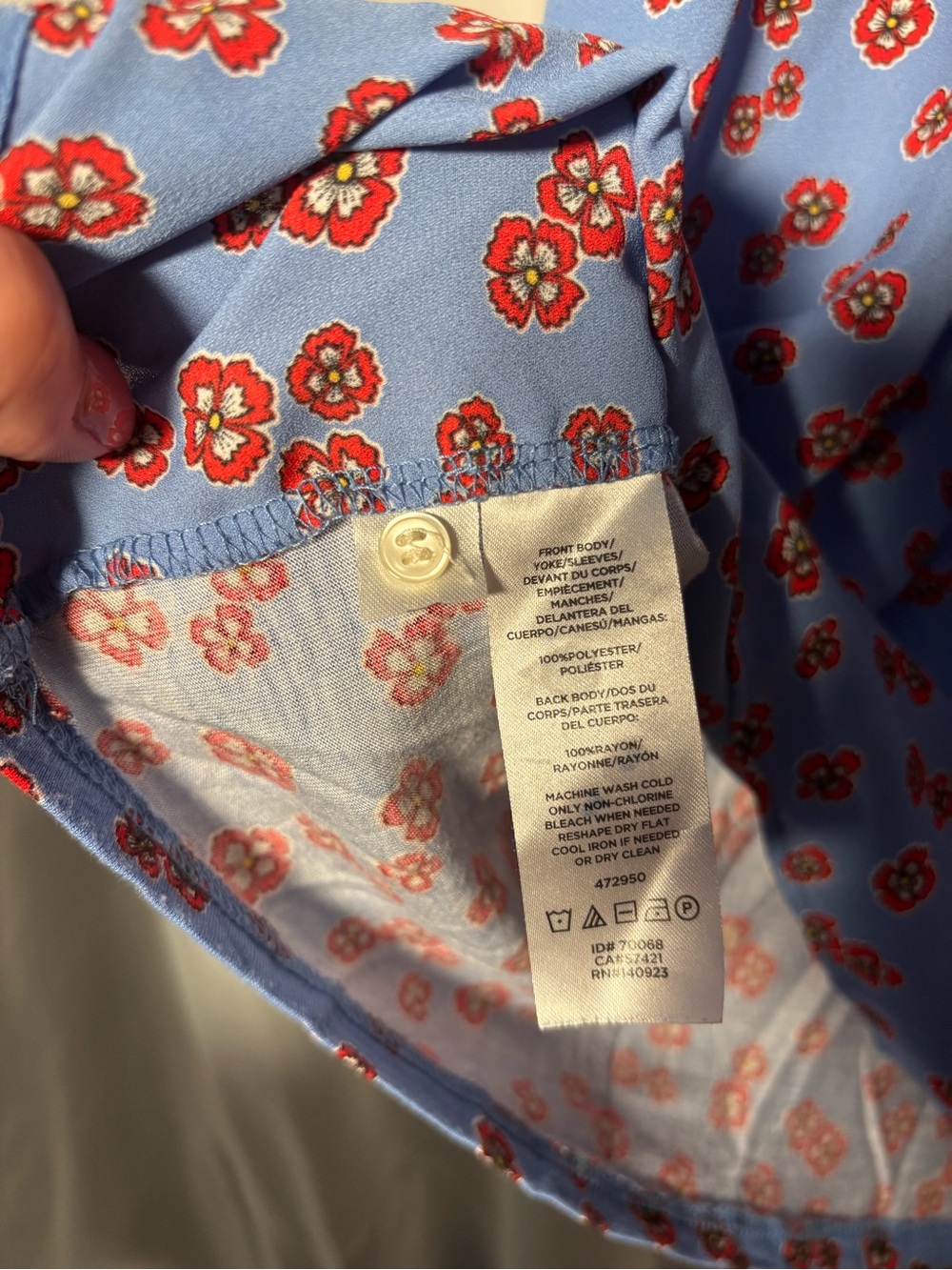 LOFT Cornflower Blue & Red Floral Print Short Sleeve Mixed-Fabric Peasant Top - Picture 4 of 6